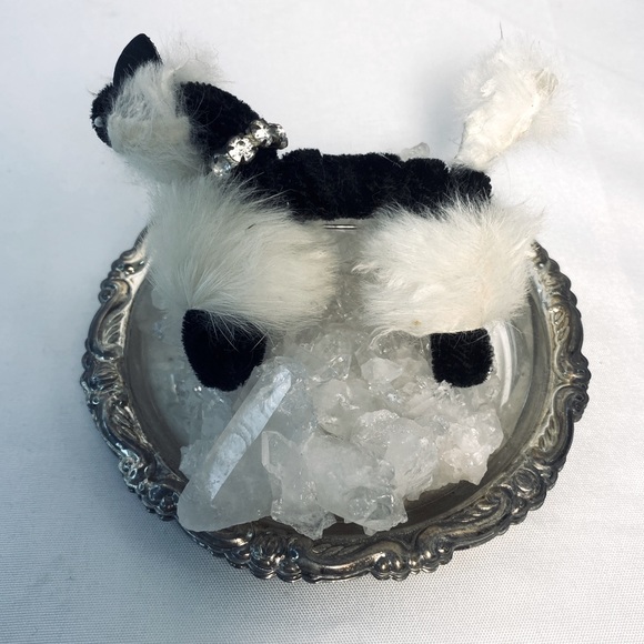 1950's Black Cat Brooch With Real Fur And Rhinestone Collar - Picture 8 of 9